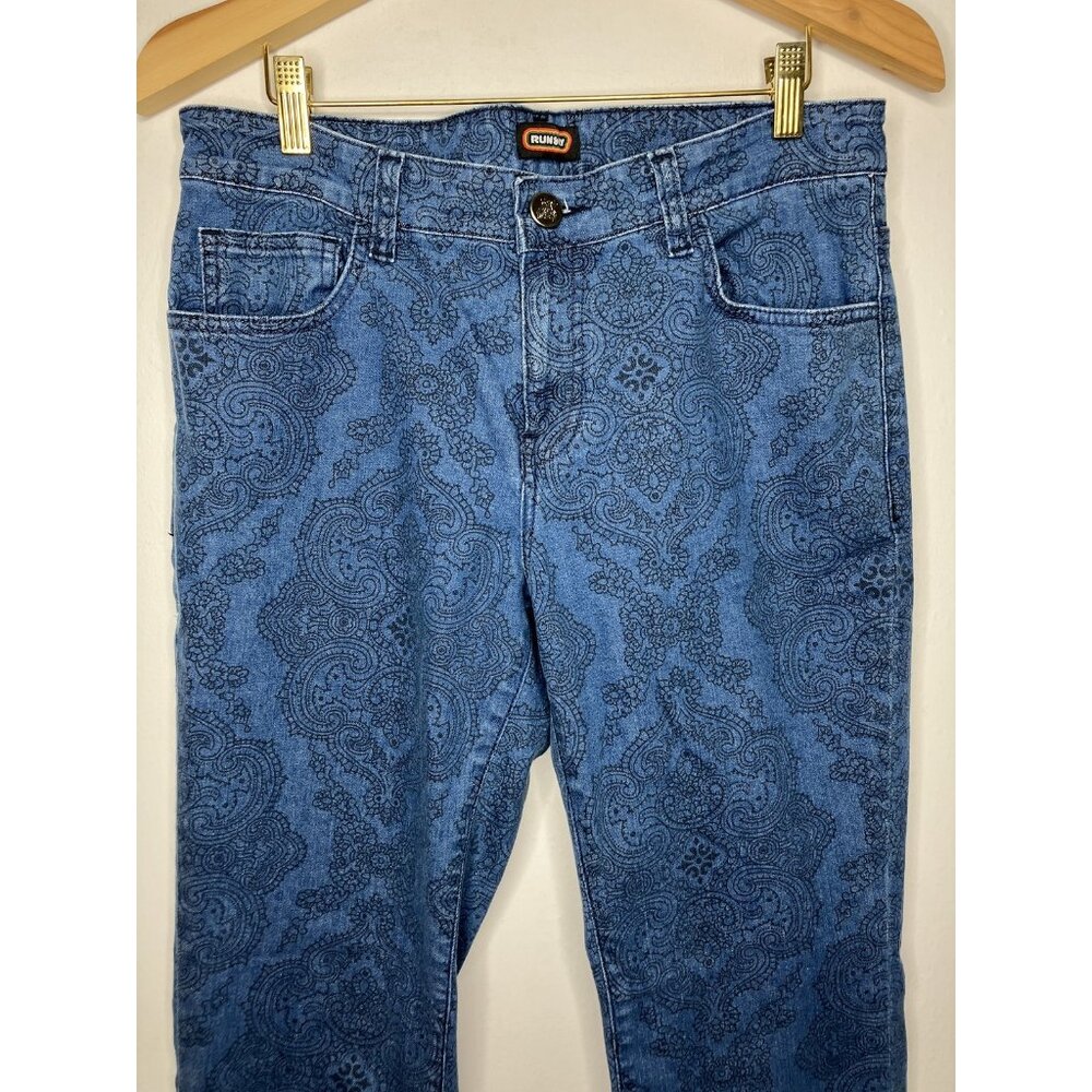 Run & Fly Blue Paisley Print Flare Jeans Women's Size 32 R Retro Boho - Picture 2 of 9